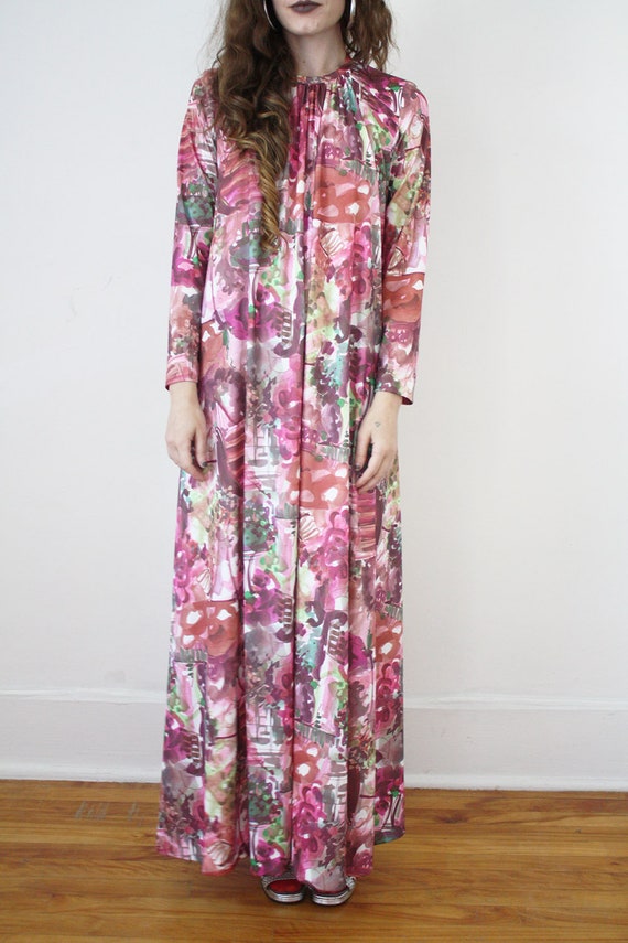 70s FLoral full length dress long sleeve high rou… - image 3