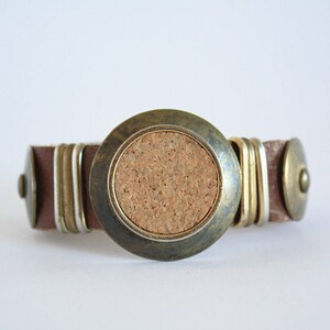 70s Bracelet Cork Brass and Leather Contemporary Mixed Materials Earthy Mama Boho Vintage VTG