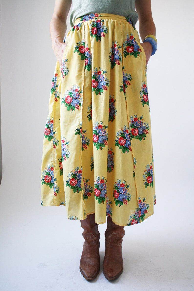 80s Yellow Floral Dirndl Skirt 100% Cotton Summer Boho Romantic Vintage Bottom Full SKirt with Pockets VTG image 6