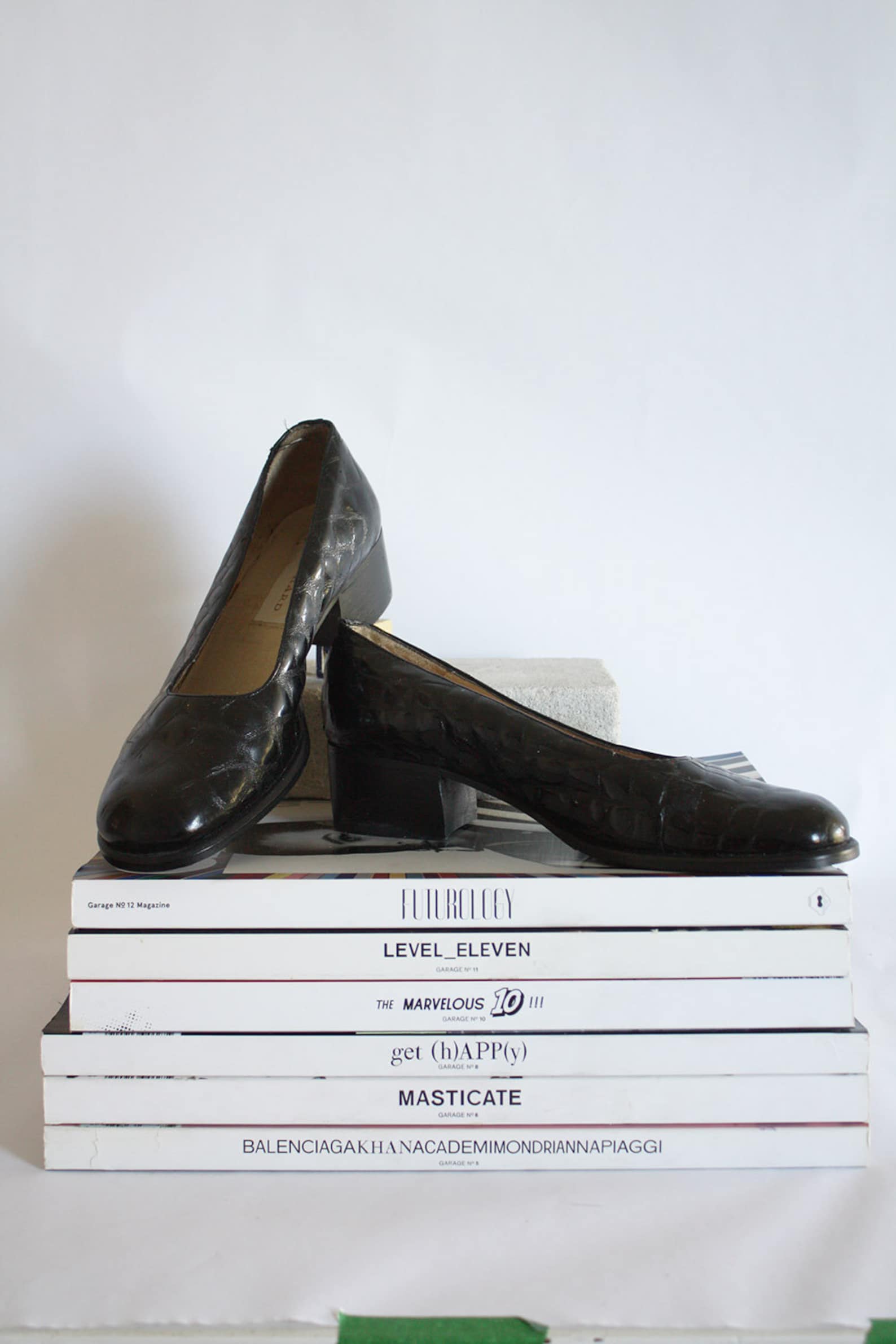 80s black patent leather ballet pumps rounded toe croc print sleek chic city girl