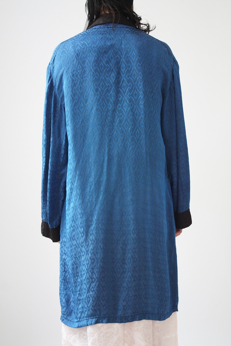 70s Satin Smoking Jacket Vintage Damask Robe Black and Blue Satin Lux Robe Evening Wear Classy Timeless