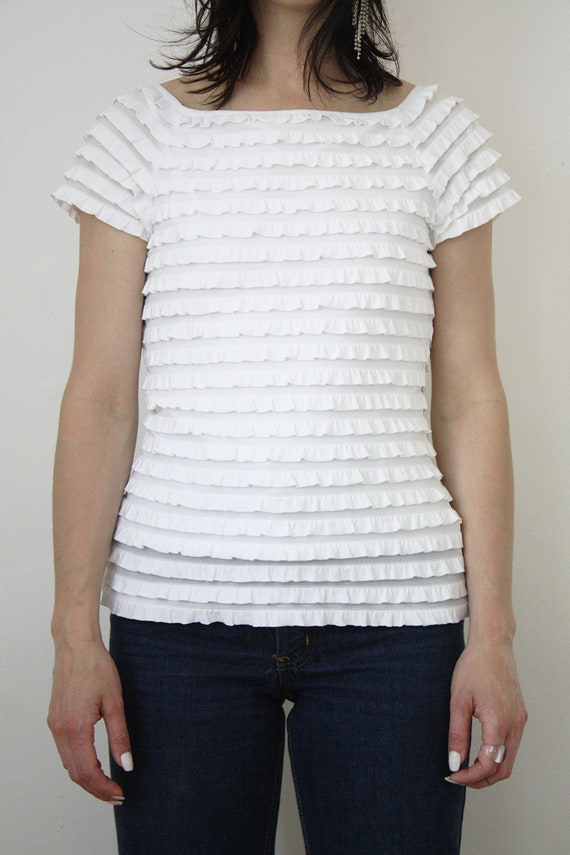 90s White Ruffle Short Sleeve Shirt Stretch Roman… - image 2