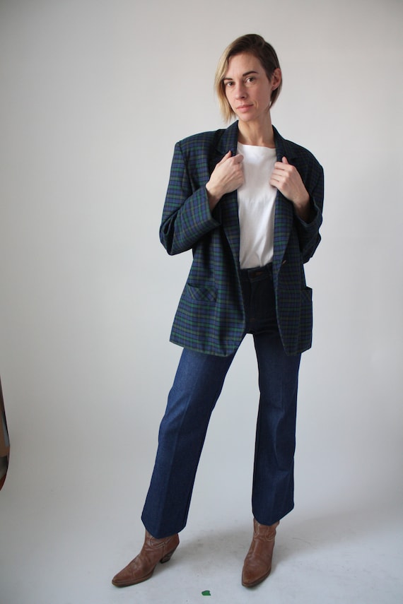 80s Plaid Blazer Blue Green and Red Boxy Boyfriend