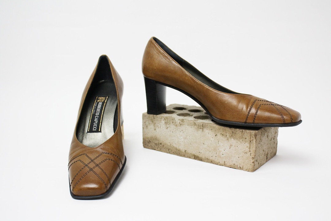 Vintage Brown Leather Pumps With Stitching Etsy