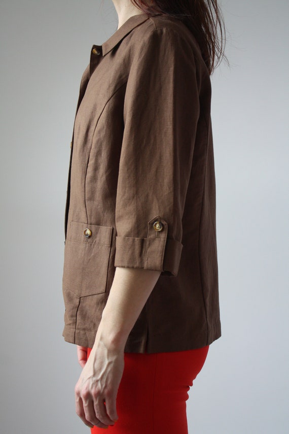 90s Brown Linen Blouse with SIngle Patch Pocket a… - image 4