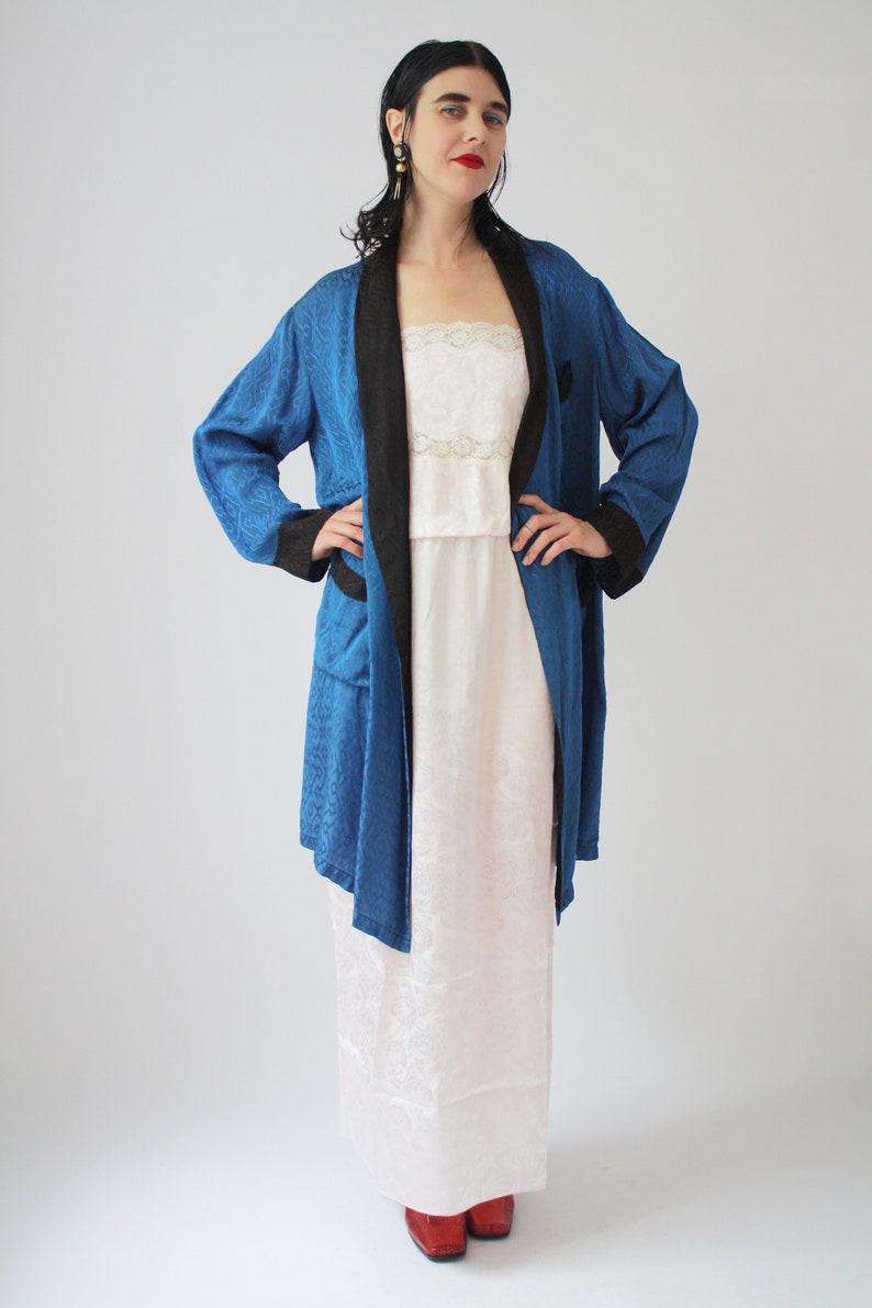 70s Satin Smoking Jacket Vintage Damask Robe Black and Blue Satin Lux Robe Evening Wear Classy Timeless