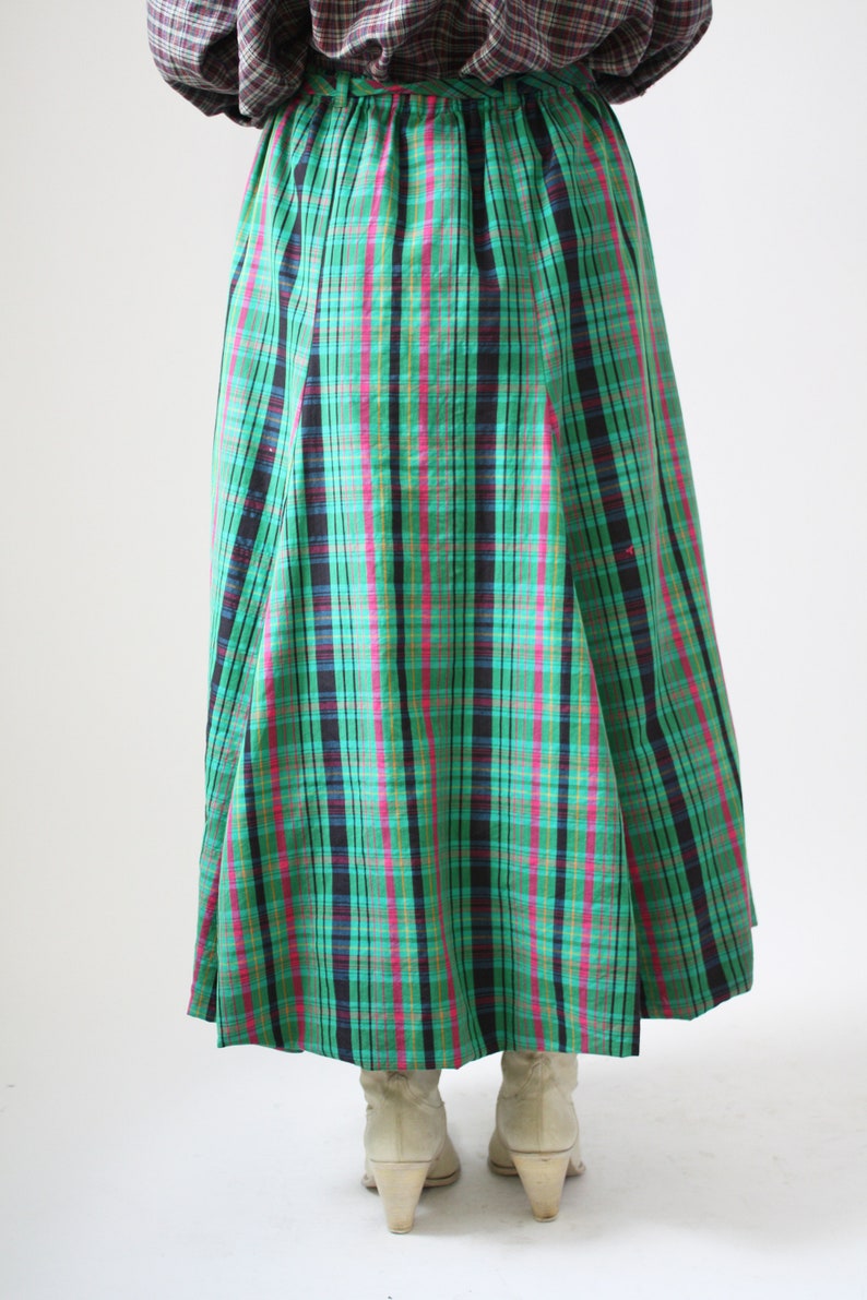90s Green Plaid Bubble Skirt Cotton Vintage VTG summer Vibrant Pattern