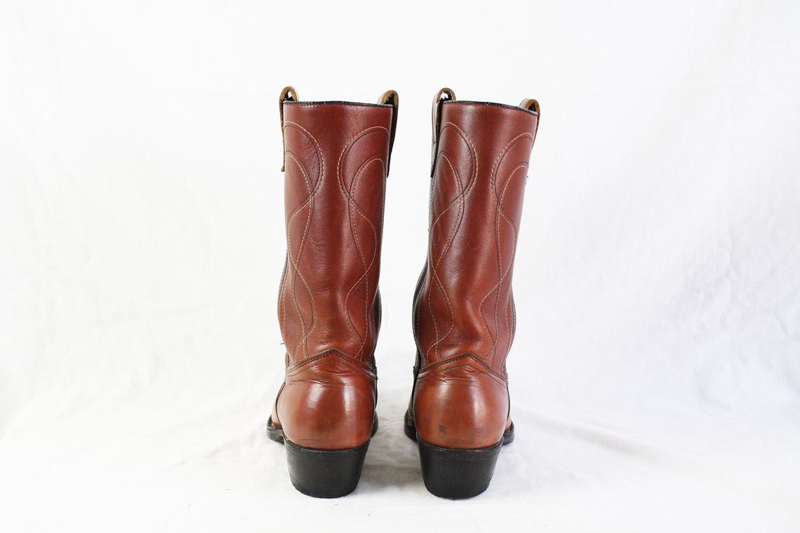 Vintage Mens Brown Leather Cowboy Boots Two Tonal Stitching, foto 3 di 5