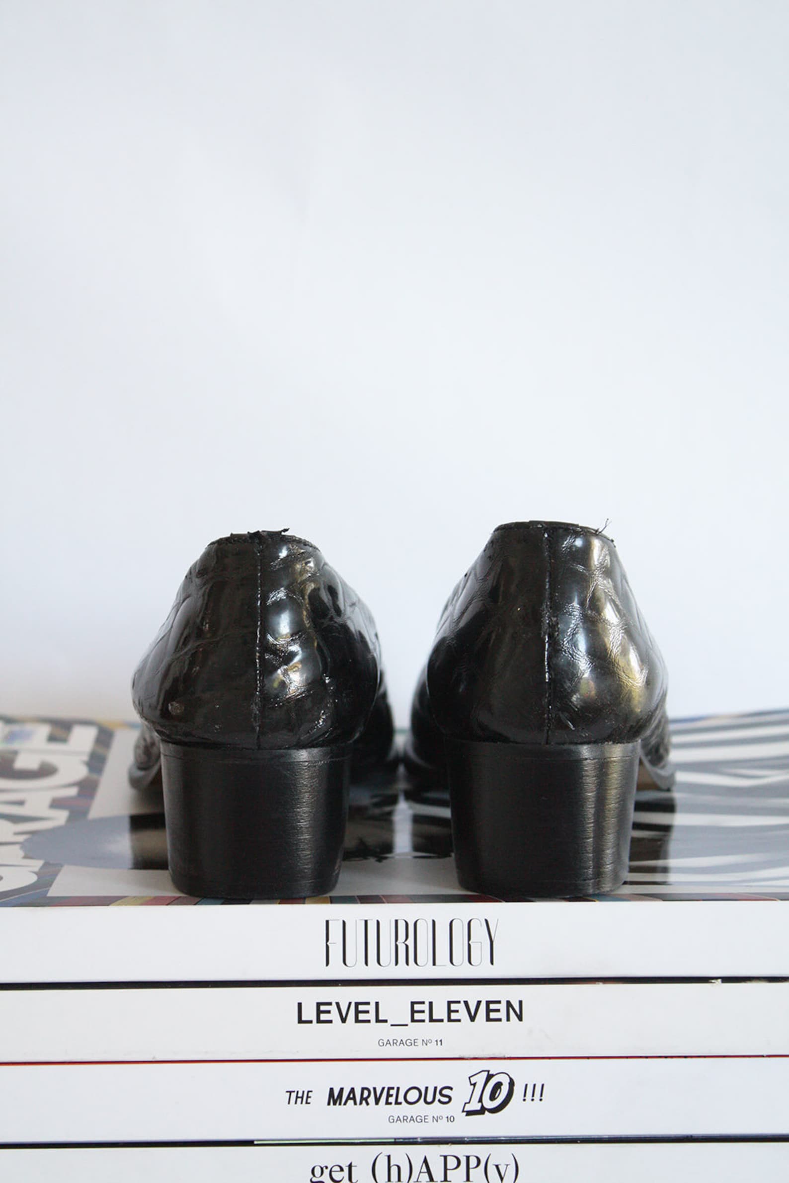 80s black patent leather ballet pumps rounded toe croc print sleek chic city girl