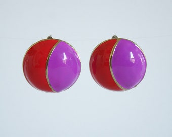 Années 80 Gold Red Purple Boucles d’oreilles vintage Costume coloré Moon Circle Dome