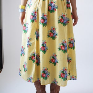 80s Yellow Floral Dirndl Skirt 100% Cotton Summer Boho Romantic Vintage Bottom Full SKirt with Pockets VTG image 4