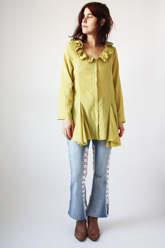 90s Light Green Cotton Blouse with Ruffle collar T