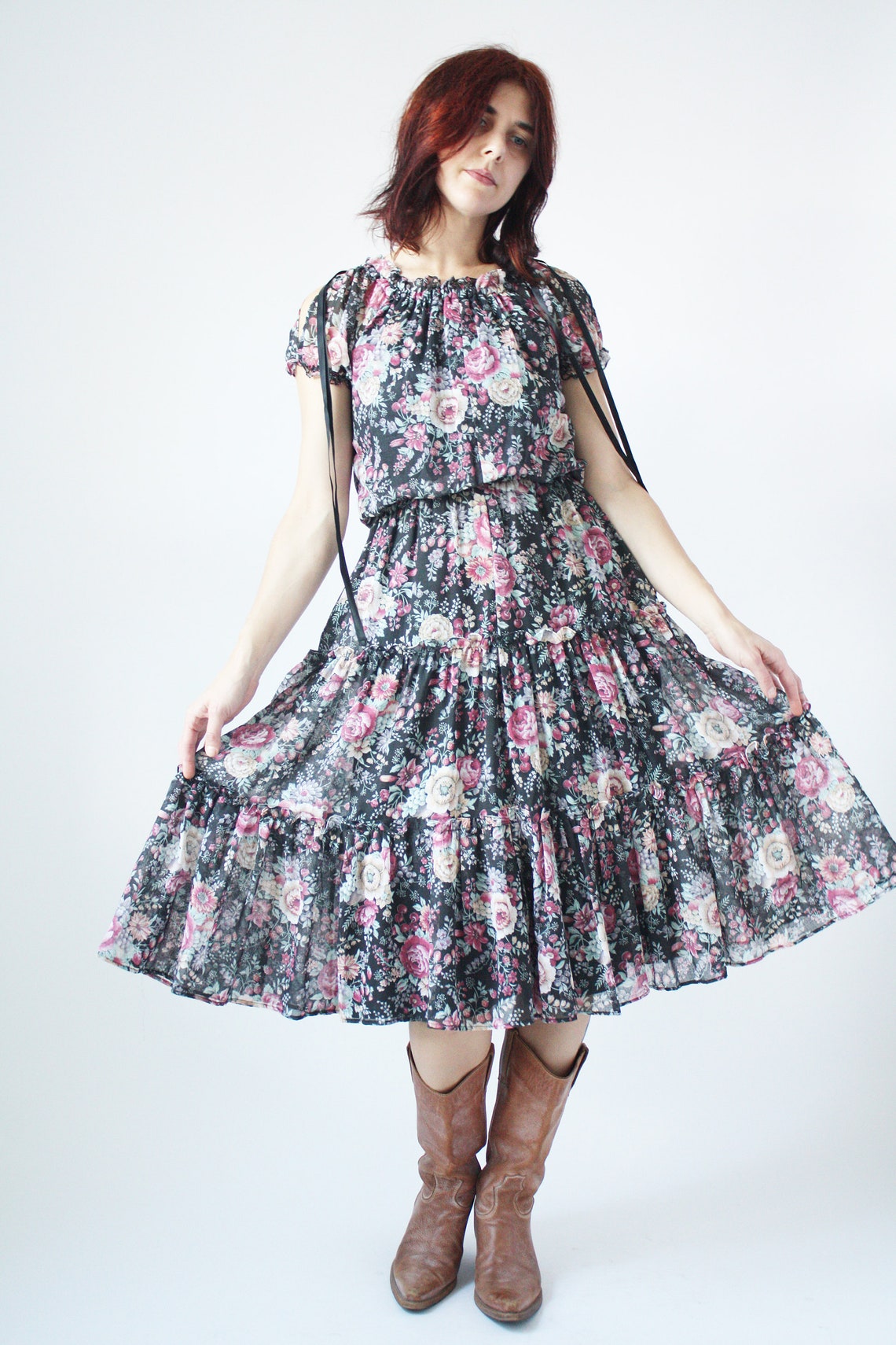 70s Peasant Dress Floral Print Tiered Ruffled Boho Dream Girl Etsy