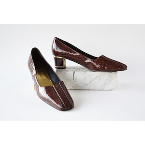 60s Vtg Brown Patent Leather Square Toe Heels Womens 8US, 38.5EU, 6UK Vintage Retro Classy Mod Mama