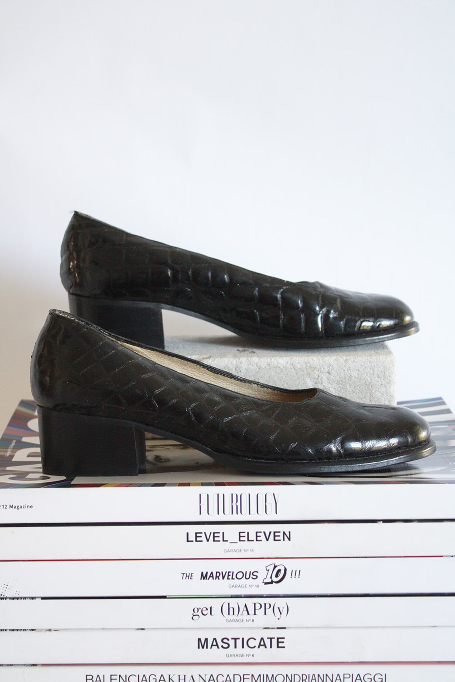 80s black patent leather ballet pumps rounded toe croc print sleek chic city girl