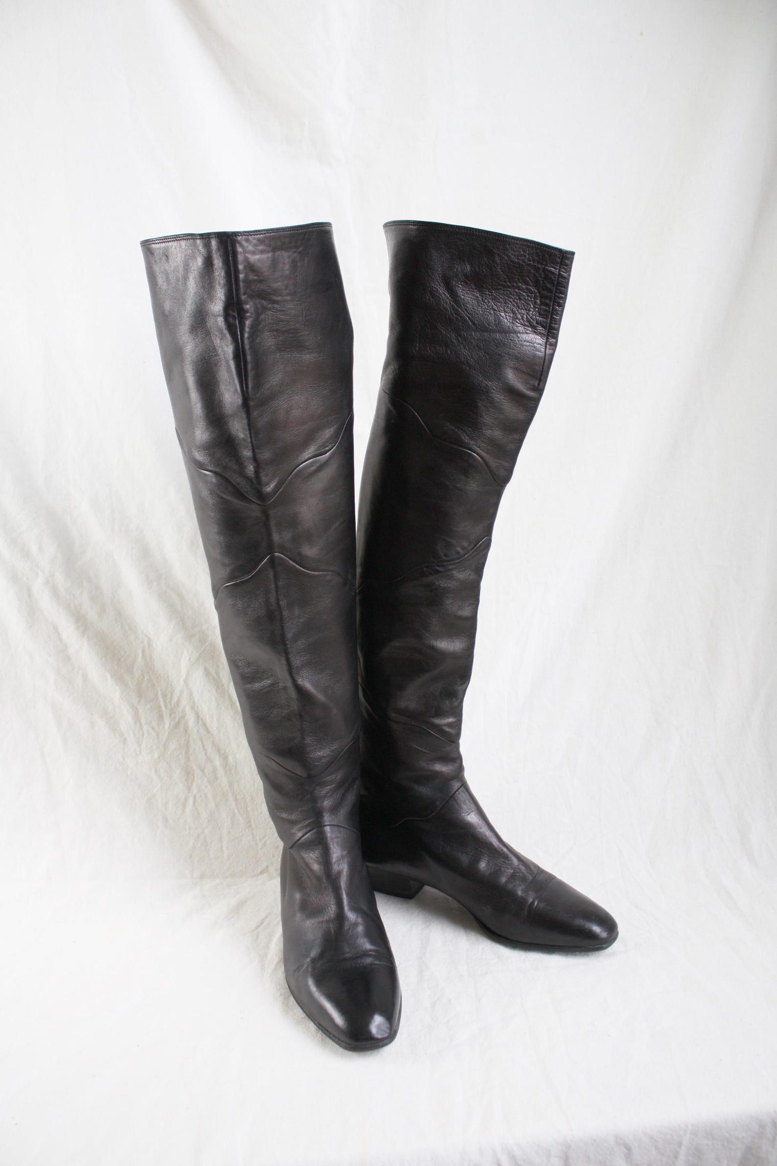 1980s Black Leather Thigh High Boots With Seam Detailing and Pointed ...