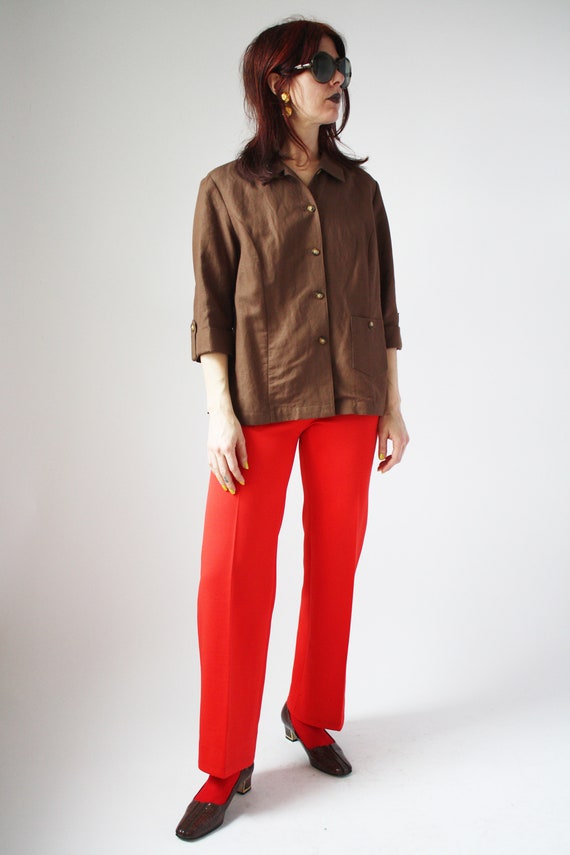 90s Brown Linen Blouse with SIngle Patch Pocket a… - image 2