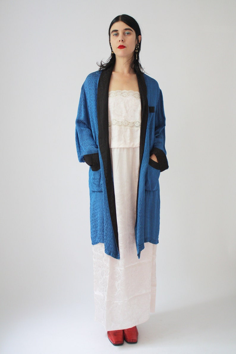 70s Satin Smoking Jacket Vintage Damask Robe Black and Blue Satin Lux Robe Evening Wear Classy Timeless
