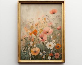 Arte floral rústico cottagecore: ramo de amapolas y margaritas, impresión botánica vintage, flores de prado impresionistas, descarga digital 336