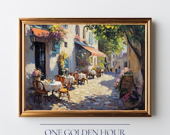 Dipinto a olio su tela "Terrazza di un caffè primaverile illuminata dal sole" - Scena di strada di un villaggio europeo, arredamento vintage romantico e accogliente, download di stampe da parete 292