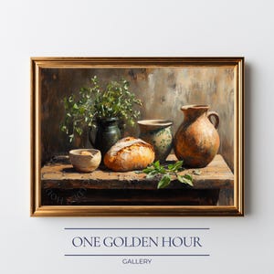 Puede incluir: Pintura de naturaleza muerta enmarcada con pan, cuencos de cerámica y jarrones. La pintura tiene una paleta de colores cálidos y una estética rústica. El texto "ONE GOLDEN HOUR GALLERY" está en la parte inferior.