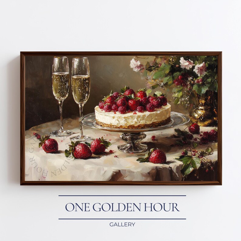 Romantic Strawberry Cake Art Print – Vintage Dessert Table Painting ...