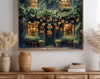 Gemütliches Irish Pub Aquarell Wandkunst - Warme Vintage Wirtshaus Szene, stimmungsvolles grünes europäisches Dekor, printable Art 389