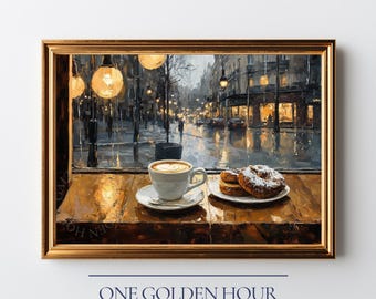 Rainy Café Window Art Print – Cozy Coffee Shop Painting, Paris Street Scene Wall Art, Digital Download for Kitchen or Reading Nook Decor 133
