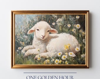 Reclining White Lamb in Wildflower Meadow - Cozy Cottagecore Farmhouse Art, Nursery Decor, Vintage Style Digital Download 51