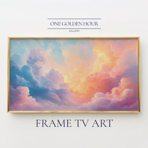 May include: A framed artwork featuring a vibrant cloudscape in shades of blue, pink, and yellow. The text "ONE GOLDEN HOUR GALLERY" and "FRAME TV ART" are displayed. The frame is gold.