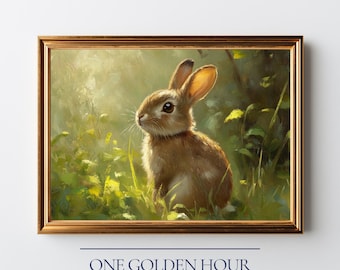 May include: A framed art print featuring a brown rabbit in a field of green grass and yellow flowers. The rabbit is the focal point, with its ears perked up. The frame is gold, and the print is labeled "ONE GOLDEN HOUR GALLERY."