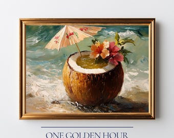 Tropisches geschnitztes Kokosnuss-Cocktailgemälde - buntes Sommergetränk, Küstenstrandkunst druckbares Dekor mit Hibiskus, digitaler Download 226