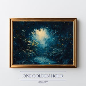 May include: A framed art print depicts a lush, blue-toned jungle scene with a path leading towards a bright, golden light. The artwork features dense foliage, a stream, and small, glowing yellow lights. The frame is a warm gold color, and the text "ONE GOLDEN HOUR GALLERY" is at the bottom.