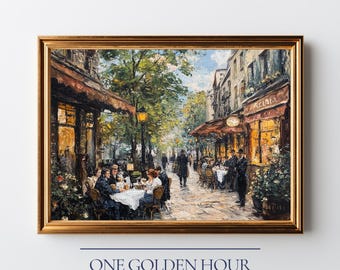 Vintage Parisian Café Street Scene, Warm Romantic Golden-Hour Atmosphere, Cozy Cobblestone Evening View, Impressionistic Printable Art 33