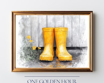 Boceto a lápiz de unas alegres botas de lluvia amarillas: decoración de primavera, guardería, arte mural con flores silvestres, descarga digital 928