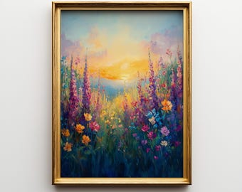Wildblumenwiese Wandbild, Blumenlandschaft druckbar, Sonnenaufgang Feld Druck, Cottagecore Dekor, botanische Wandkunst, digitaler Download 165