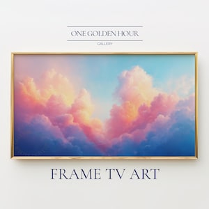 May include: A framed artwork with a vibrant cloudscape in shades of pink, orange, and blue. The artwork is labeled "ONE GOLDEN HOUR GALLERY" at the top and "FRAME TV ART" at the bottom. The frame is gold.
