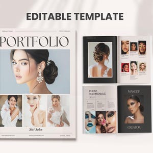 Può includere: Un modello di portfolio con il titolo "PORTFOLIO" e il testo "EDITABLE TEMPLATE" in alto. La copertina presenta una donna truccata e gioielli. Le pagine interne mostrano look di trucco e testimonianze di clienti.