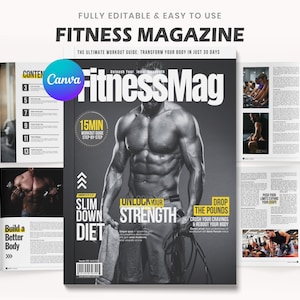 Fitness Magazin Vorlage Canva | Bearbeitbares Layout für das Gesundheitsmagazin | Gym Workout Anleitung | Trainingsplaner