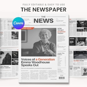Puede incluir: Plantilla de periódico con el titular "THE NEWS" y el texto "Voices of a Generation Emma Woodhouse Speaks Out". El diseño incluye una foto de una mujer y varios diseños de página. El logotipo de Canva es visible.
