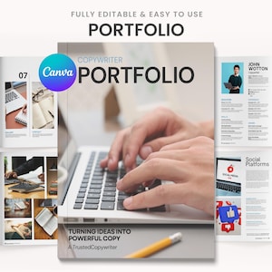 May include: A portfolio template with the word "PORTFOLIO" in large, bold text. The cover features a person typing on a laptop. The Canva logo is visible. The text "TURNING IDEAS INTO POWERFUL COPY" is also present.