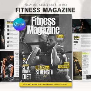 May include: A fitness magazine cover with the title "Fitness Magazine" in large white letters. The cover features a man lifting weights, with text promoting a diet and workout guide. Additional pages show workout routines and healthy food.