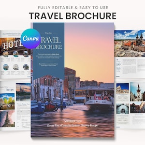 Op de afbeelding: Een reisbrochure met de titel "TRAVEL BROCHURE" en het Canva-logo. De brochure toont afbeeldingen van Europese bezienswaardigheden en waterwegen. De omslag toont een kanaal met boten en gebouwen. Het is gelabeld "Summer 2029".