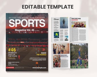Sports Magazine Canva Template, Editable Sports Magazine Layout, Football Athletic Magazine Design, Modern Editorial Canva Magazine