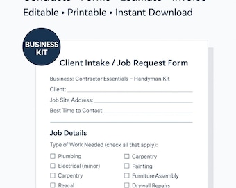 May include: A white and blue graphic for a "Handyman Starter Kit" with a toolbox icon. It features a "Client Intake / Job Request Form" with fields for client details and job specifics, including plumbing and carpentry.