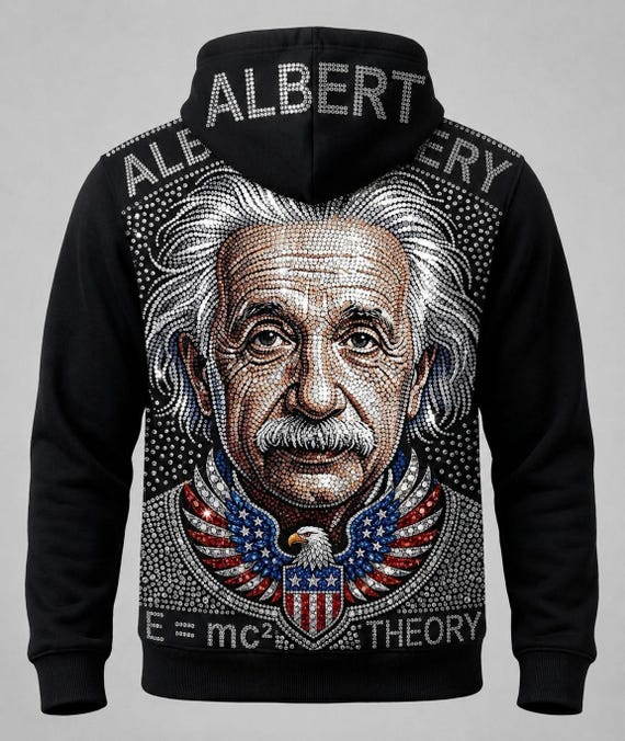 Custom Einstein Rhinestone Hoodie: Black Crystal Portrait Sweatshirt, Science Streetwear, Physics Theory