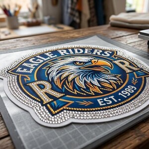 May include: A decorative patch featuring a detailed eagle design with the text "EAGLE RIDERS" and "EST. 1989". The patch is blue, gold, and white, with a border of sparkling rhinestones. The patch is on a gray surface.