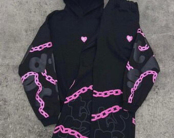 Custom Cyber Gothic Tracksuit: Pink Chain Hoodie & Baggy Joggers