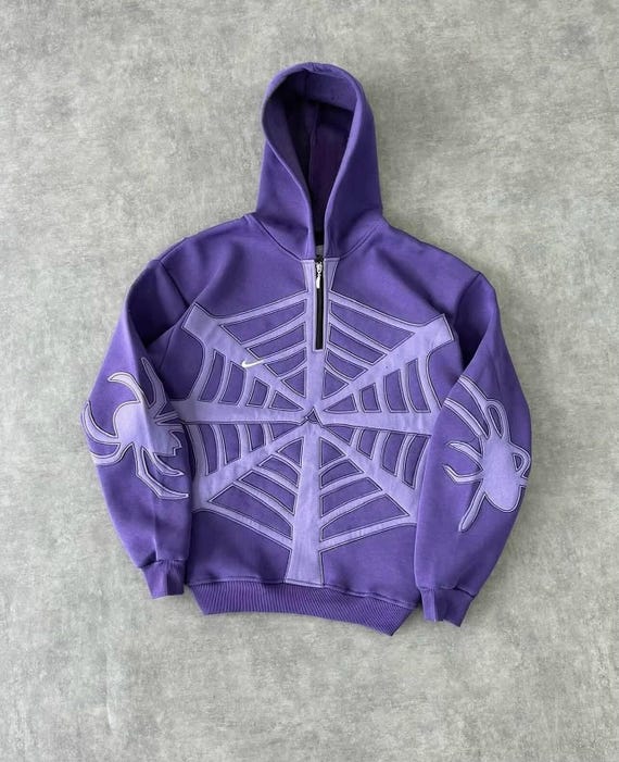 Purple Spiderweb Zip Up Hoodie | 3D Appliqué Cyber Streetwear Pullover