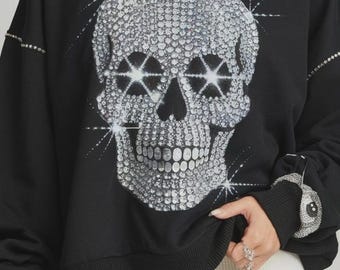 Rhinestone Skull Hoodie, Y2K Oversized Zip Up Sweatshirt, Gothic Harajuku Style